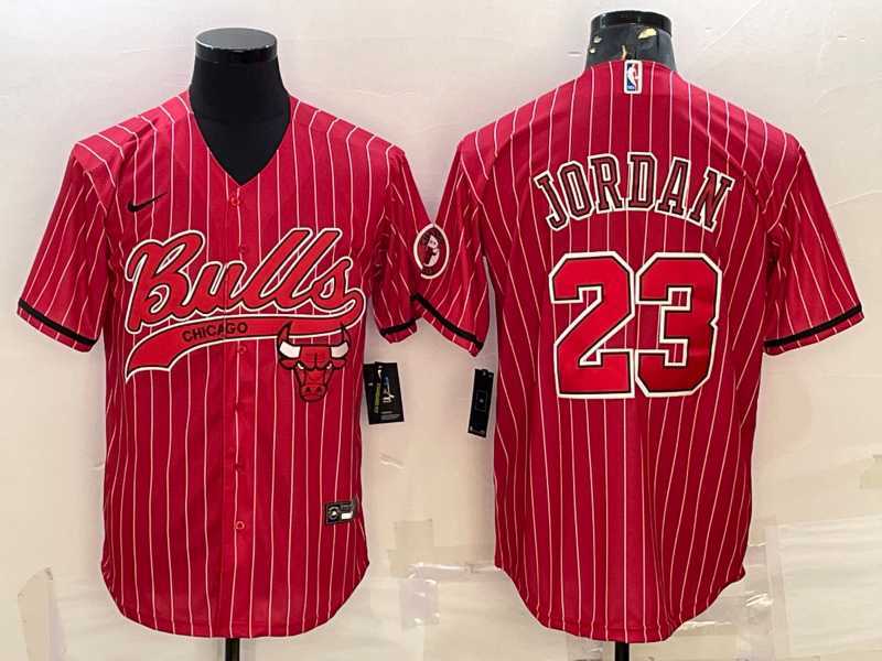 Mens Chicago Bulls #23 Michael Jordan Red Pinstripe With Patch Cool Base Stitched Baseball Jersey